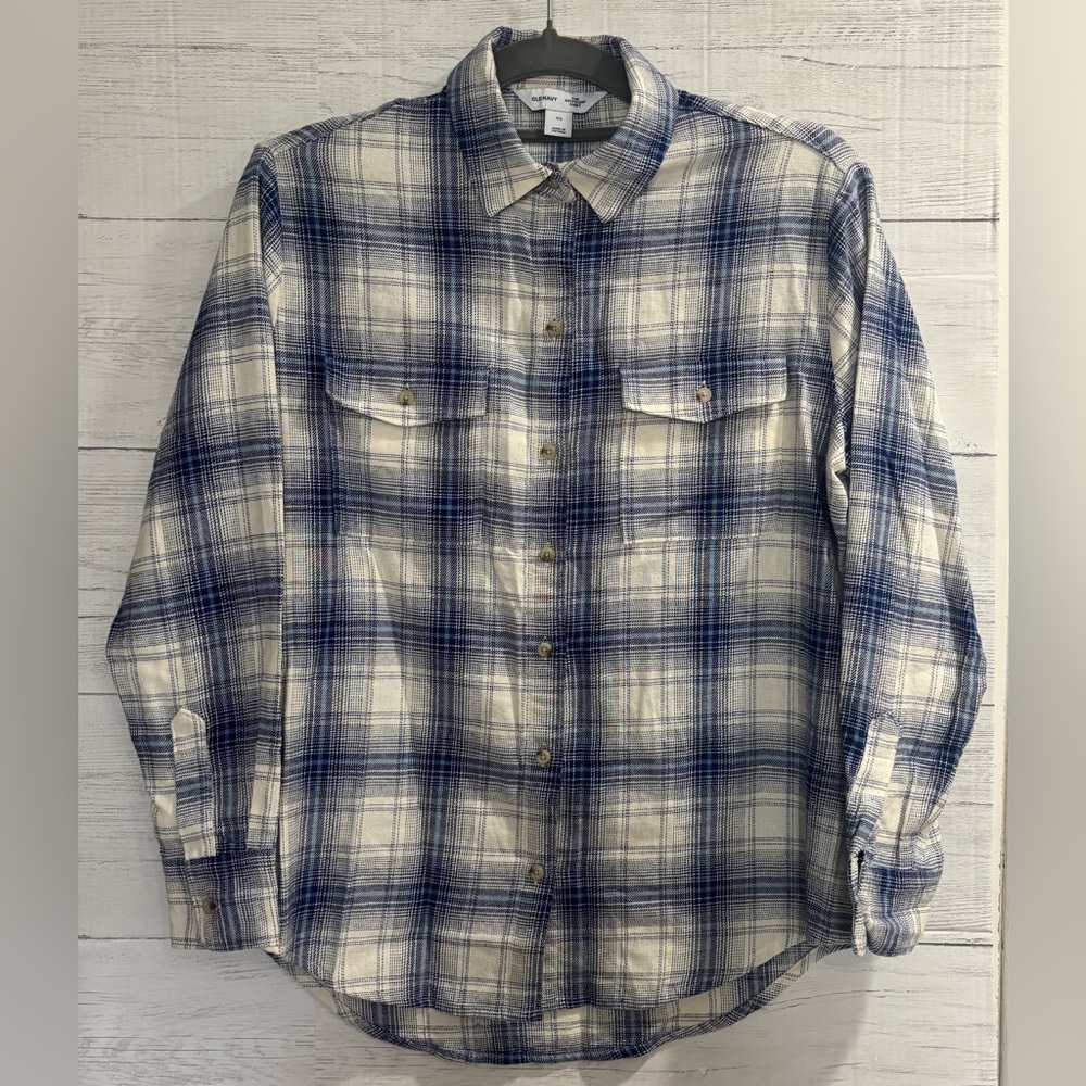 Old Navy Plaid Flannel Shirt Women's XS (Fits like a Small) Blue White - Picture 2 of 7